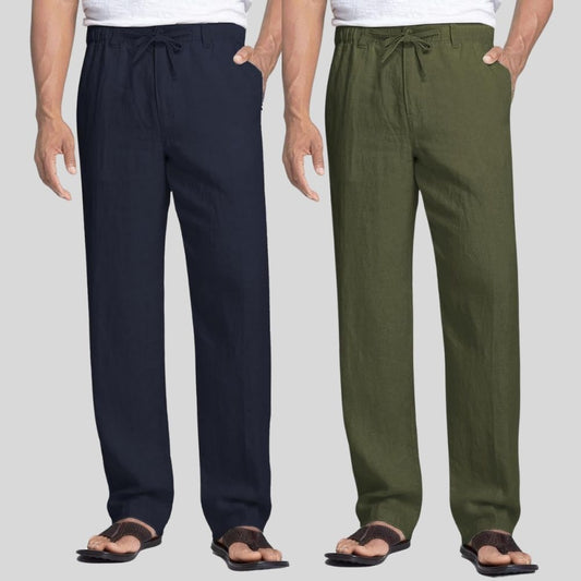 Combo of 2 Gray and Army Green Linen Men Pants-47459