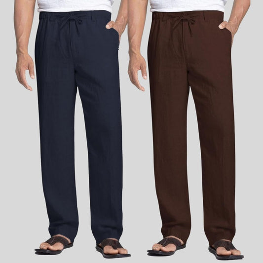 Combo of 2 Navy Blue and Brown Linen Men Pants-47460