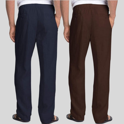 Combo of 2 Navy Blue and Brown Linen Men Pants-47460