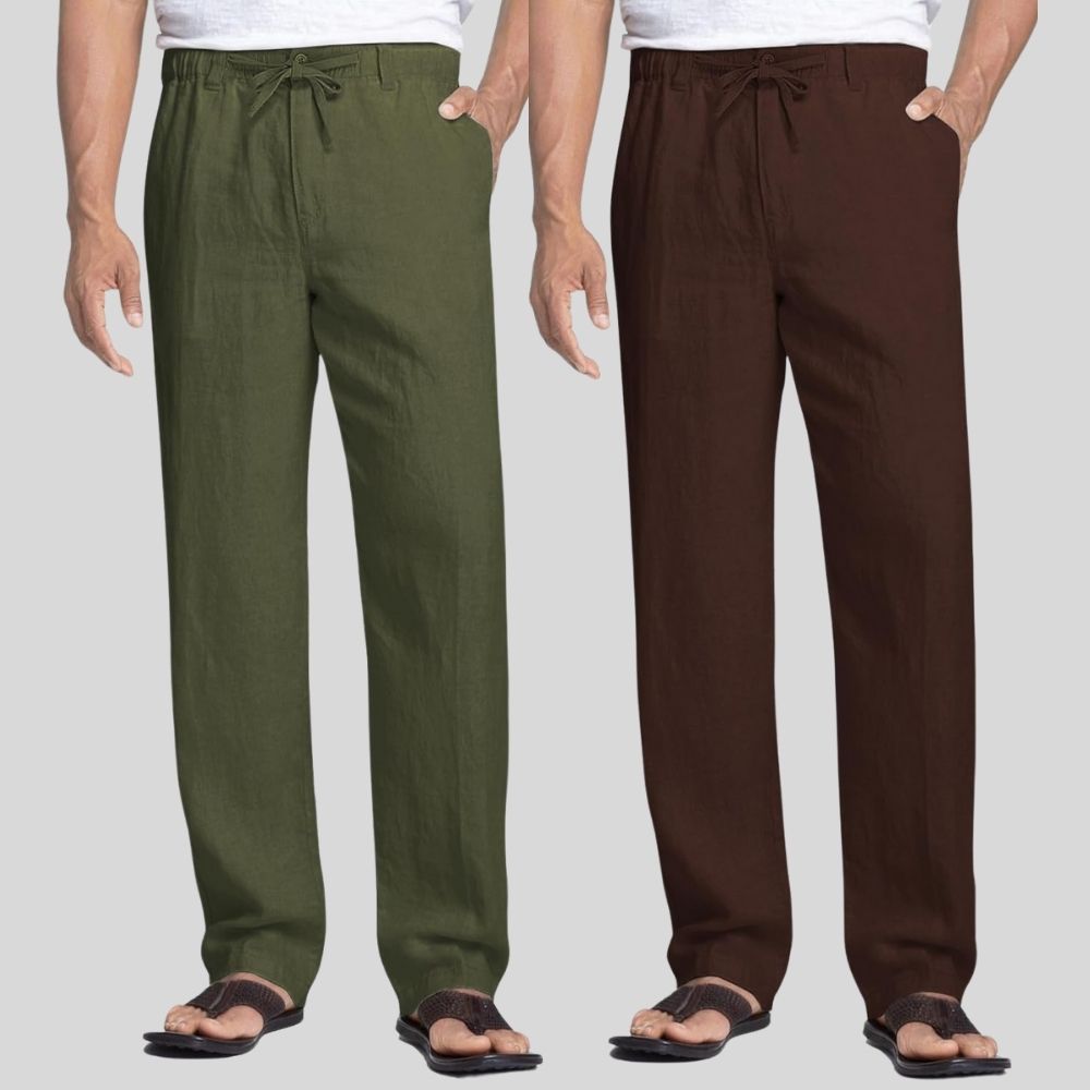 Combo of 2 Army Green and Brown Linen Men Pants-47463