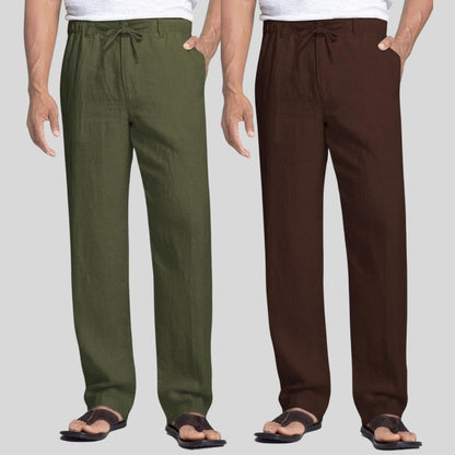 Combo of 2 Army Green and Brown Linen Men Pants-47463