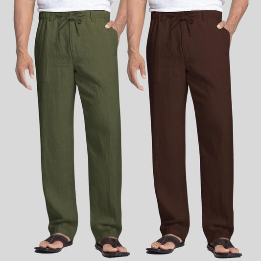 Combo of 2 Army Green and Brown Linen Men Pants-47463