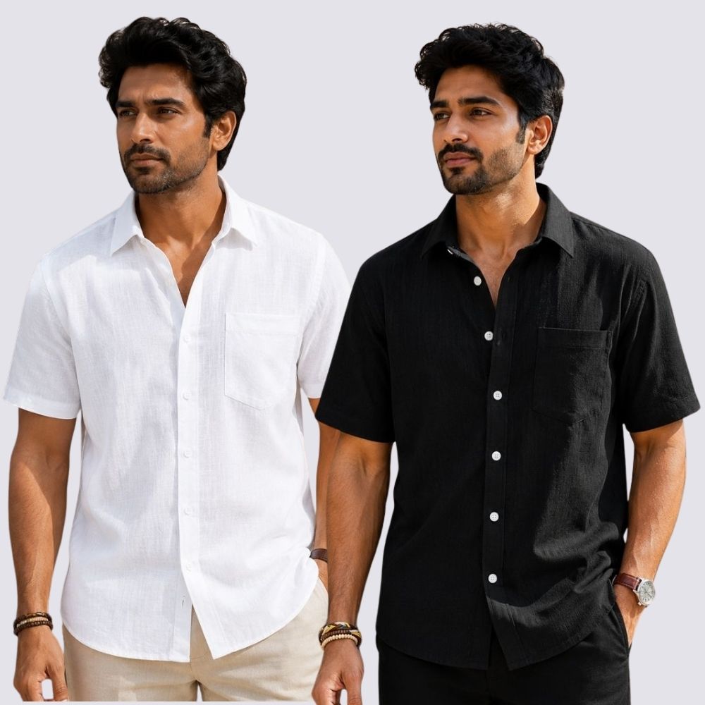 Combo of 2  Linen Half Sleeve Shirt White and Black-51906