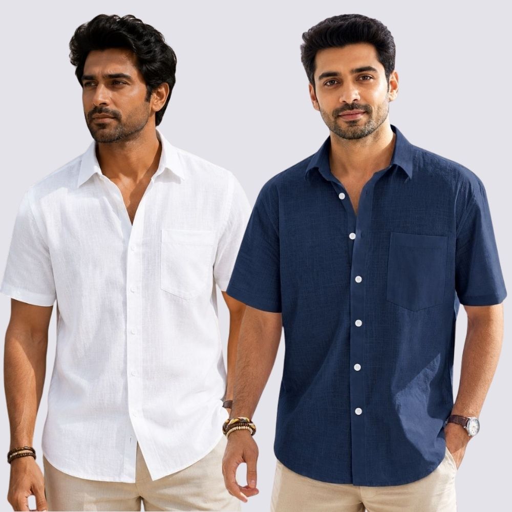 Combo of 2  Linen Half Sleeve Shirt White and Navy Blue-51908