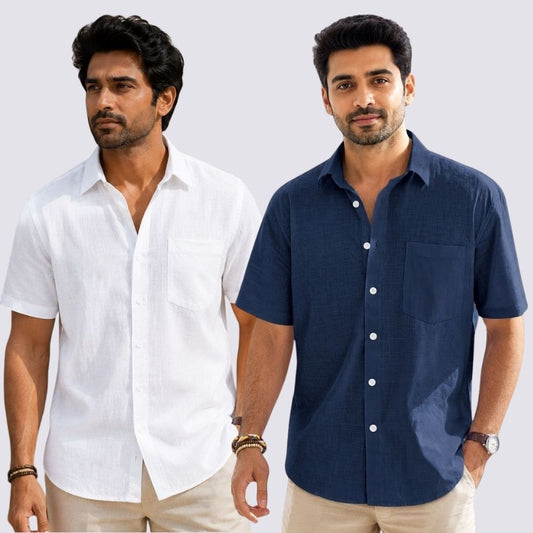 Combo of 2  Linen Half Sleeve Shirt White and Navy Blue-51908