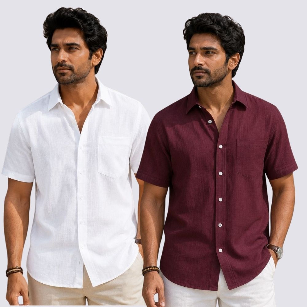 Combo of 2  Linen Half Sleeve Shirt White and Maroon-51909