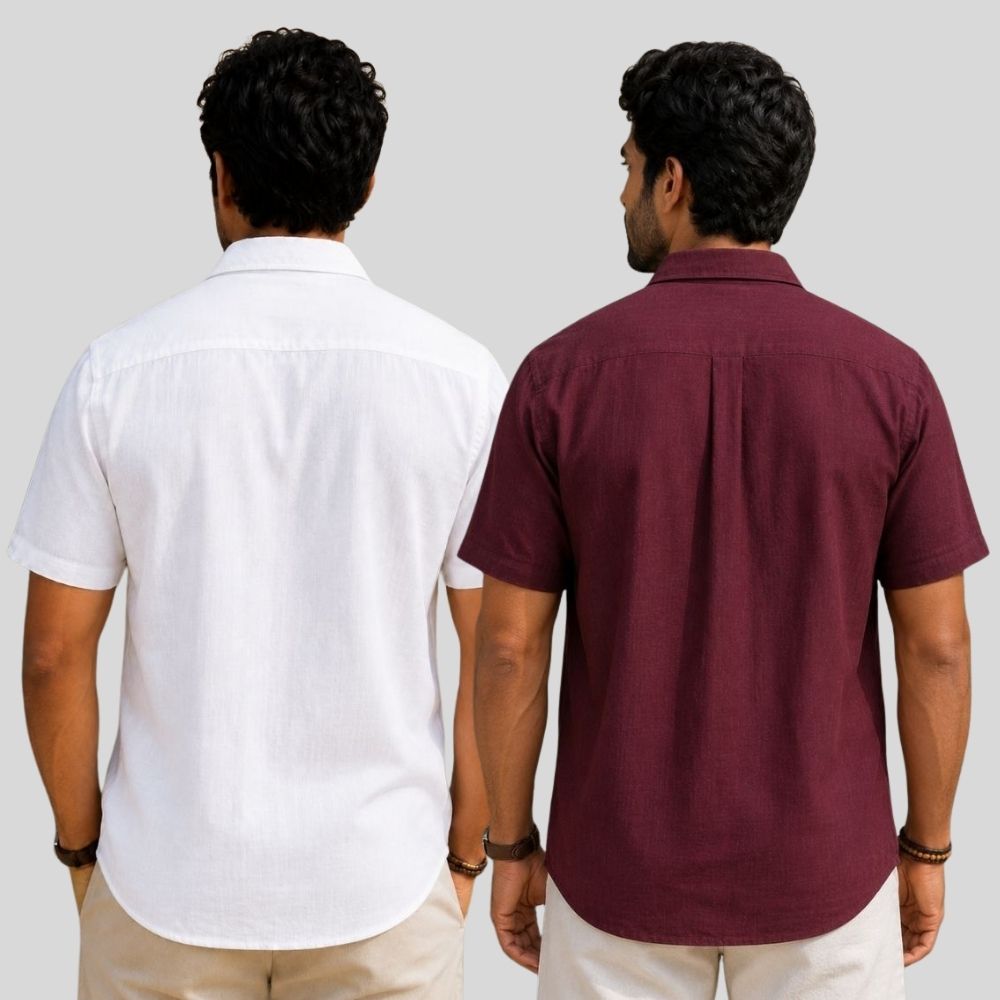 Combo of 2  Linen Half Sleeve Shirt White and Maroon-51909