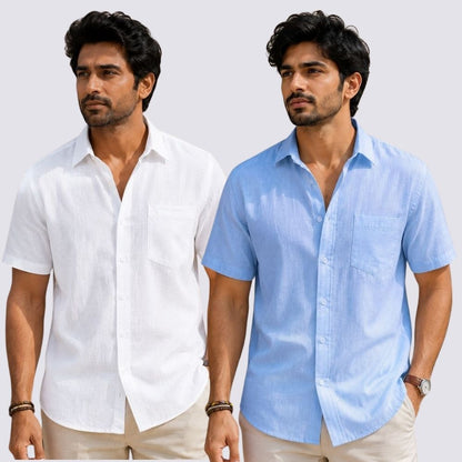 Combo of 2  Linen Half Sleeve Shirt White and Sky Blue-51911