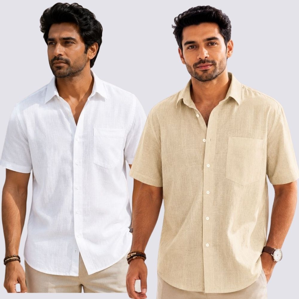 Combo of 2  Linen Half Sleeve Shirt White and Light Beige-51912