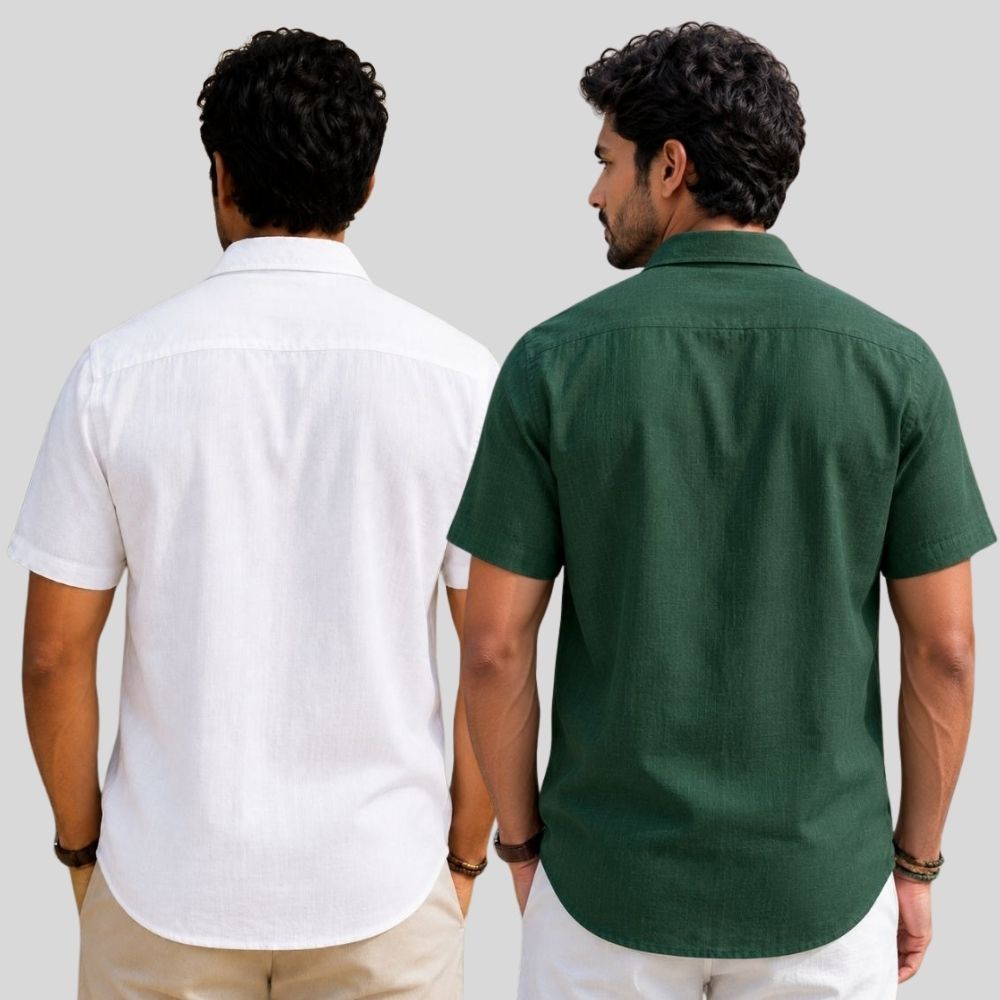 Combo of 2  Linen Half Sleeve Shirt White and Bottle Green-51913