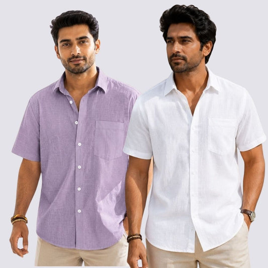 Combo of 2  Linen Half Sleeve Shirt White and Purple-51916