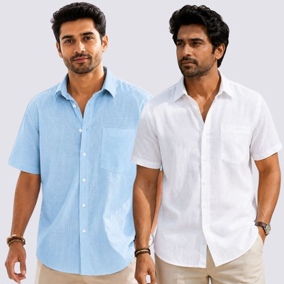 Combo of 2  Linen Half Sleeve Shirt White and Light Blue-51917