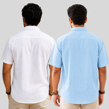 Combo of 2  Linen Half Sleeve Shirt White and Light Blue-51917
