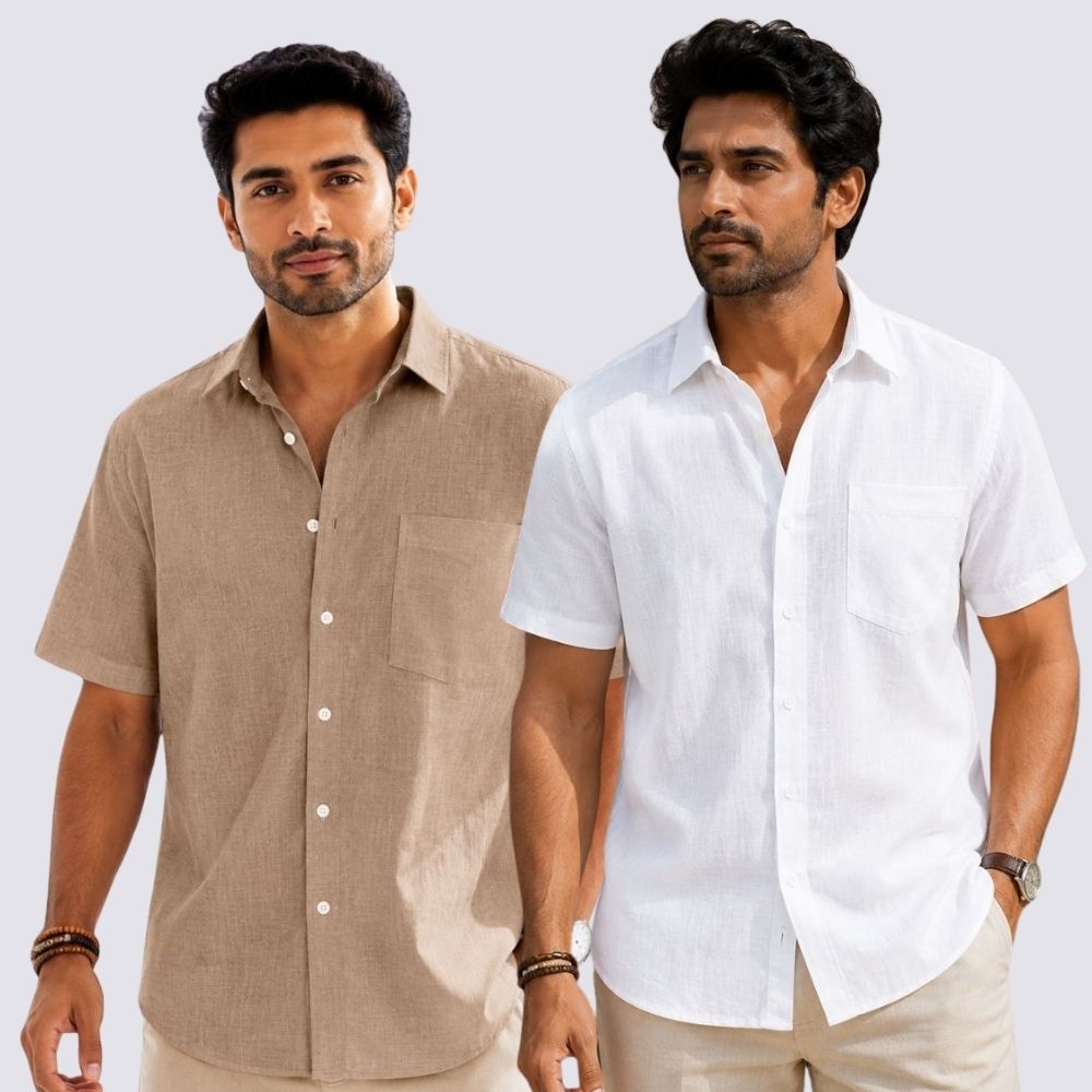 Combo of 2  Linen Half Sleeve Shirt White and Dark Beige-51918