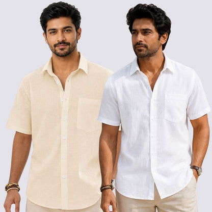 Combo of 2  Linen Half Sleeve Shirt White and Beige-51919