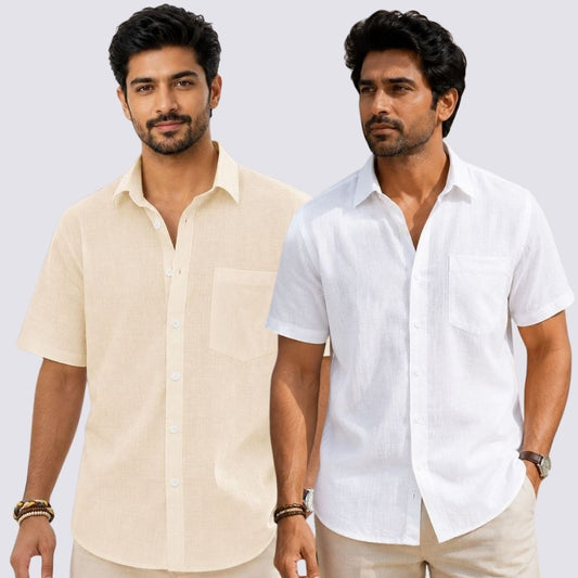 Combo of 2  Linen Half Sleeve Shirt White and Beige-51919