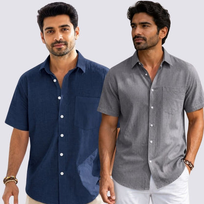 Combo of 2  Linen Half Sleeve Shirt Gray and Navy Blue-51922