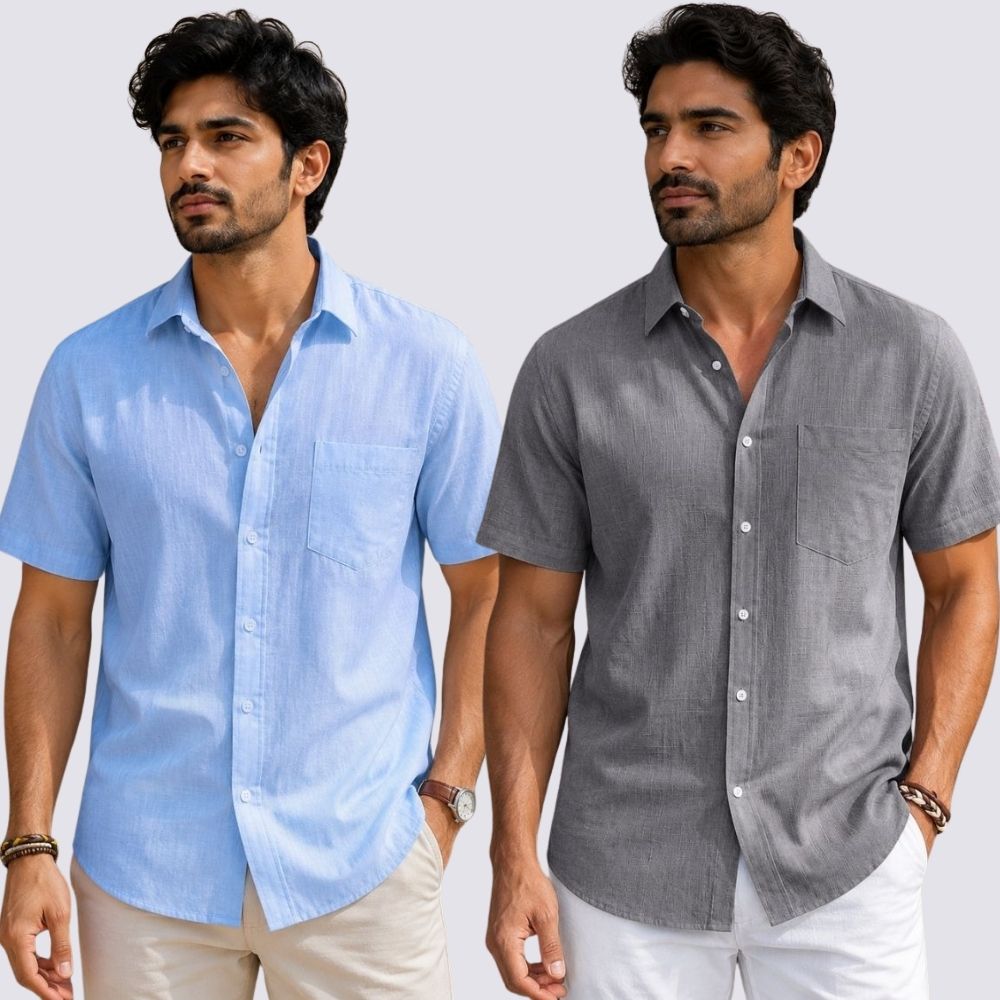 Combo of 2  Linen Half Sleeve Shirt Gray and Sky Blue-51925
