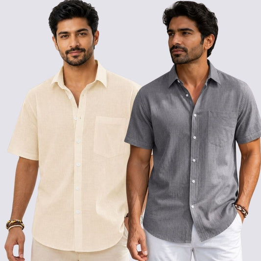 Combo of 2  Linen Half Sleeve Shirt Gray and Light Beige-51926