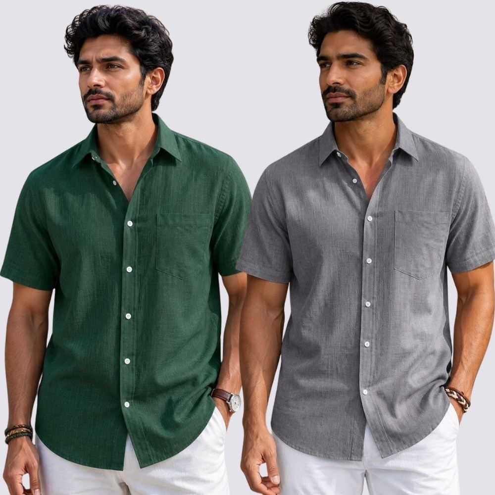 Combo of 2  Linen Half Sleeve Shirt Gray and Bottle Green-51927
