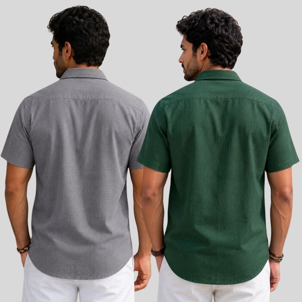 Combo of 2  Linen Half Sleeve Shirt Gray and Bottle Green-51927