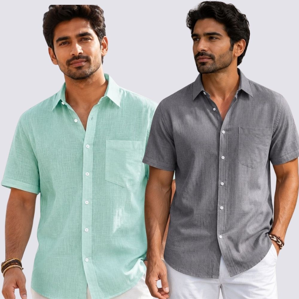 Combo of 2  Linen Half Sleeve Shirt Gray and Parrot Green-51928