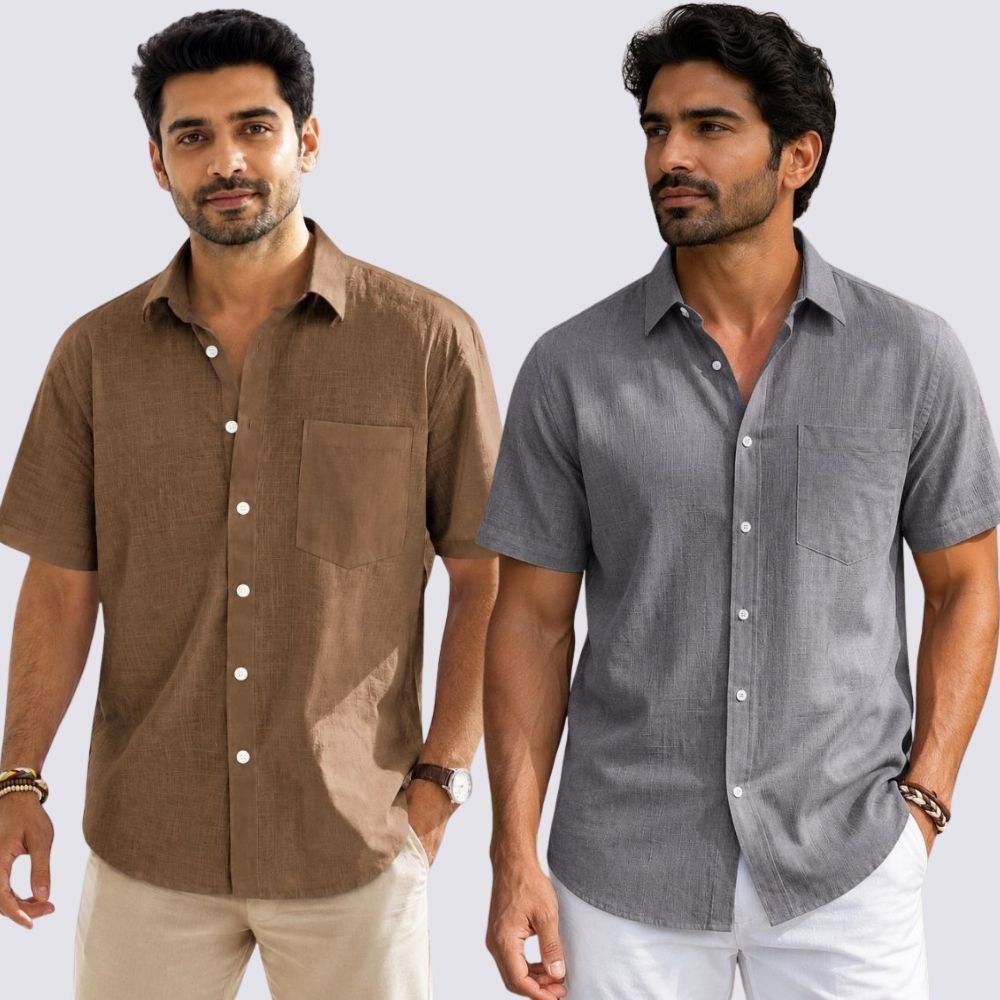 Combo of 2  Linen Half Sleeve Shirt Gray and Brown-51929