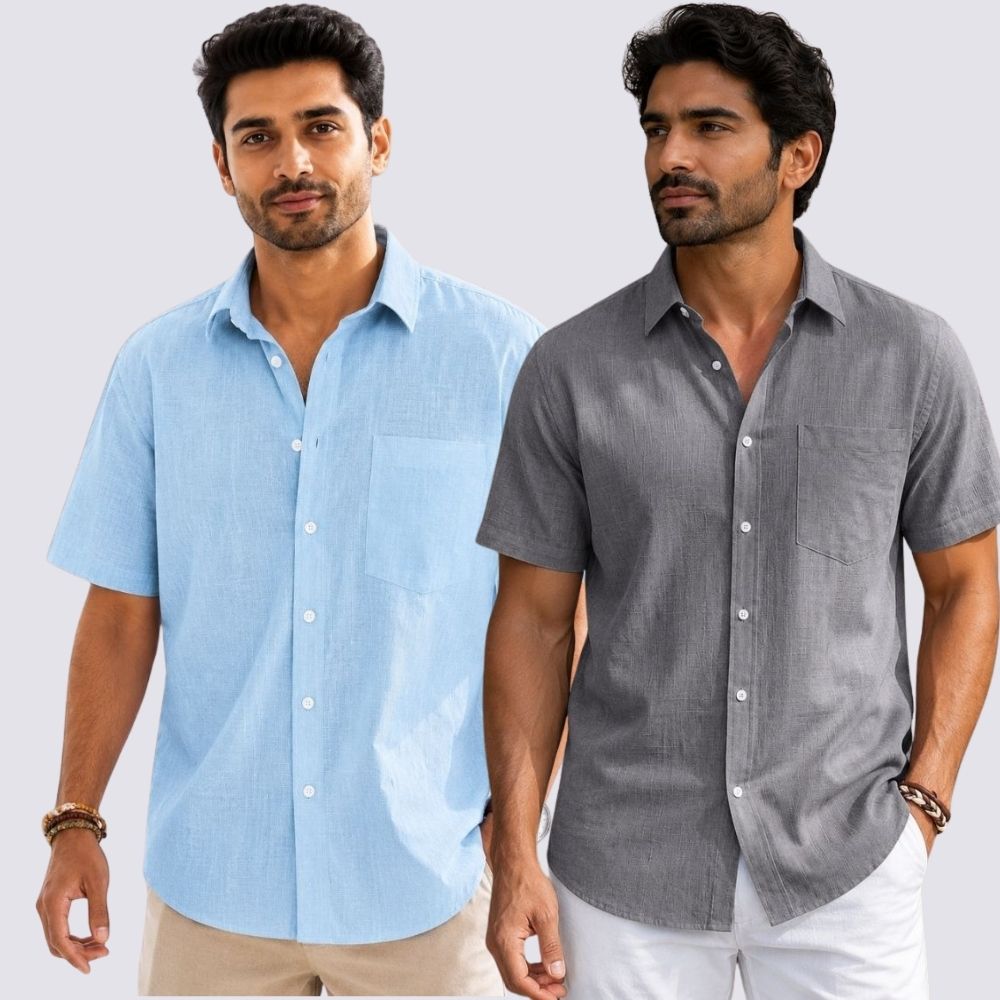 Combo of 2  Linen Half Sleeve Shirt Gray and Light Blue-51931