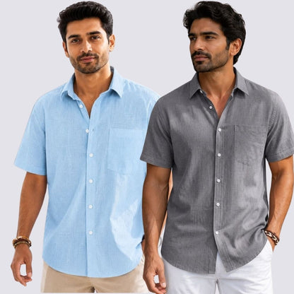 Combo of 2  Linen Half Sleeve Shirt Gray and Light Blue-51931