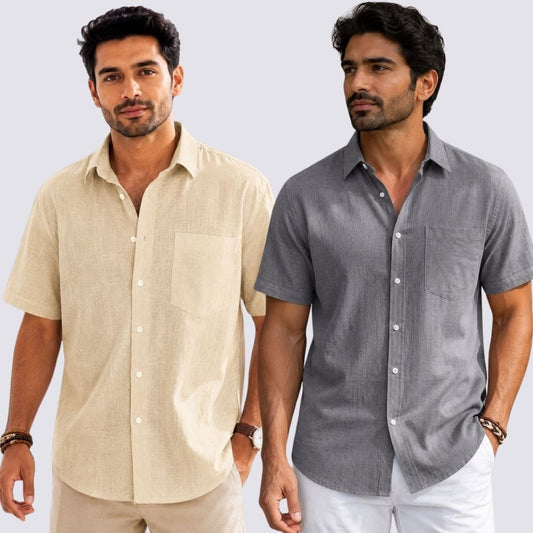 Combo of 2  Linen Half Sleeve Shirt Gray and Beige-51933