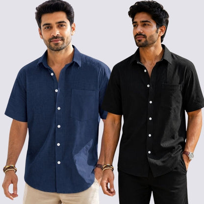 Combo of 2  Linen Half Sleeve Shirt Black and Navy Blue-51935
