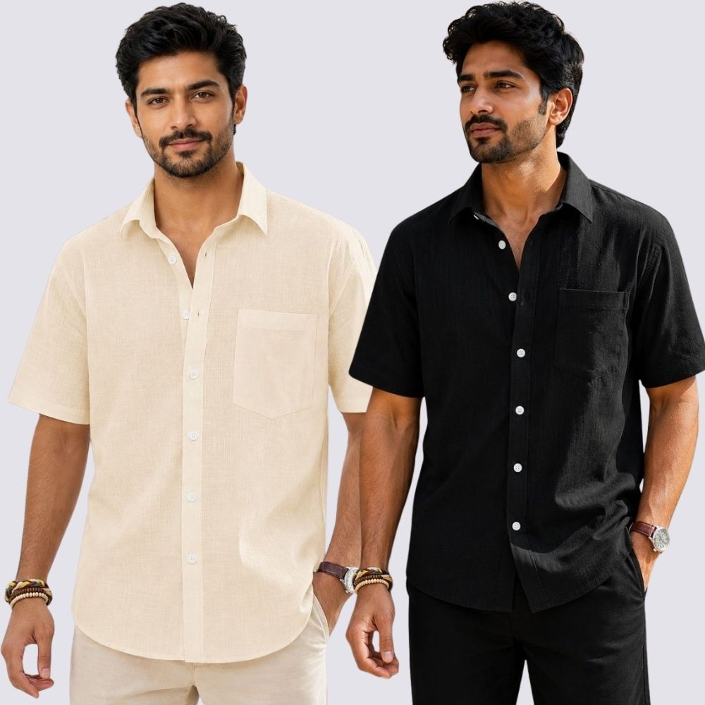 Combo of 2  Linen Half Sleeve Shirt Black and Light Beige-51939
