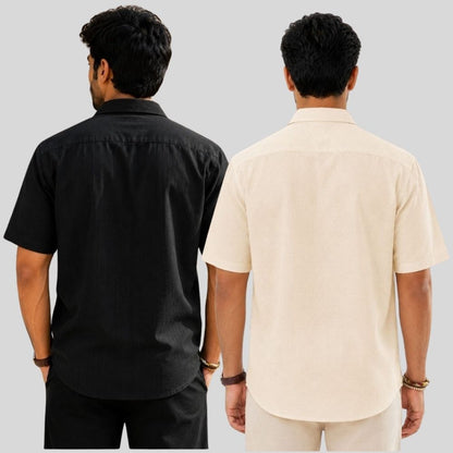 Combo of 2  Linen Half Sleeve Shirt Black and Light Beige-51939
