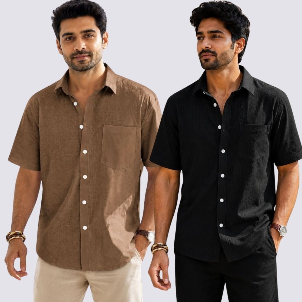 Combo of 2  Linen Half Sleeve Shirt Black and Brown-51942