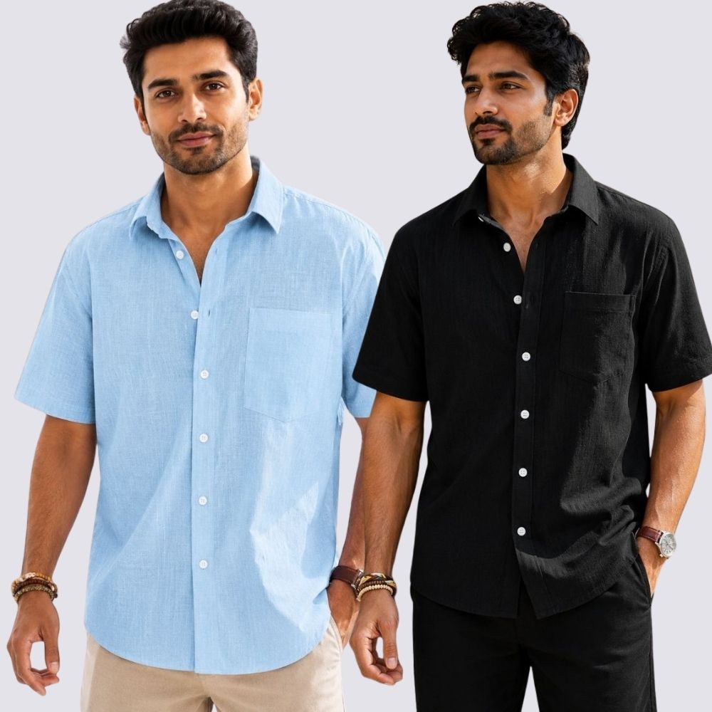 Combo of 2  Linen Half Sleeve Shirt Black and Light Blue-51944