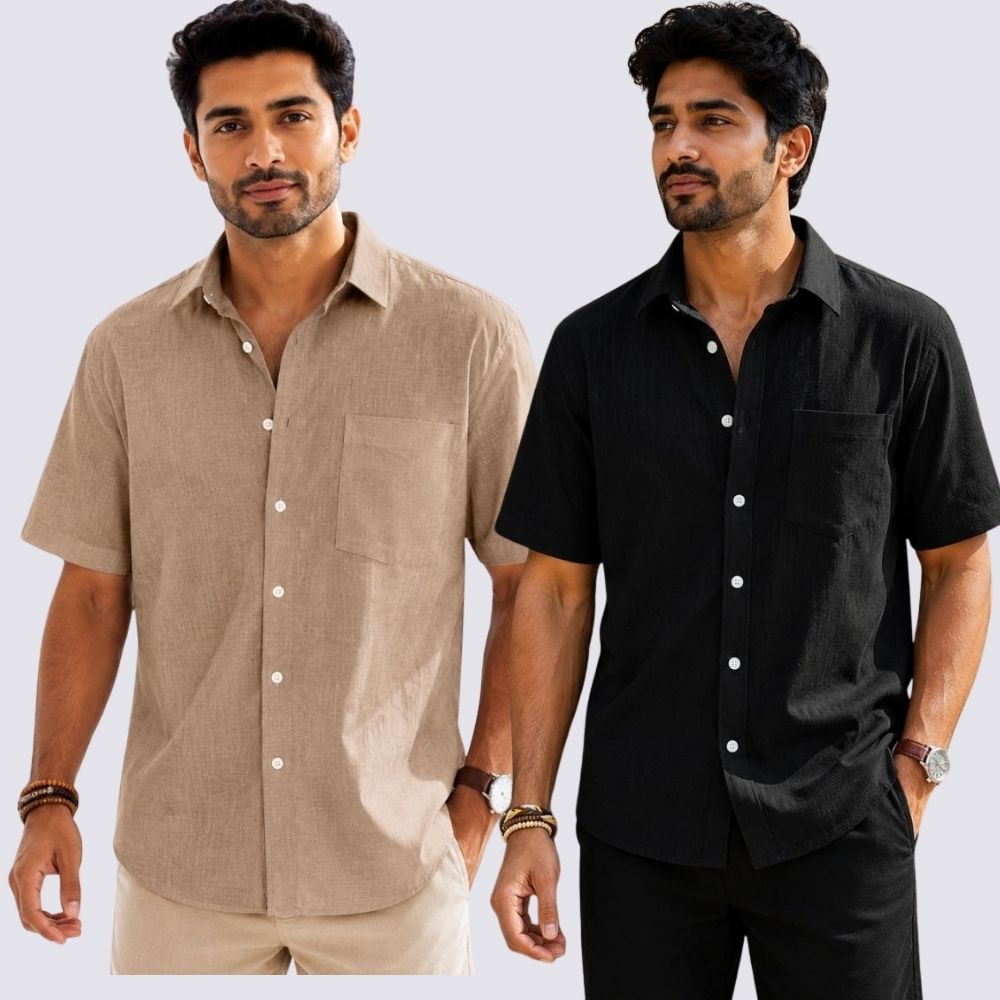 Combo of 2  Linen Half Sleeve Shirt Black and Dark Beige-51945