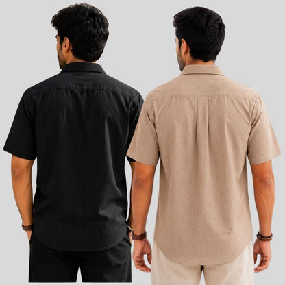 Combo of 2  Linen Half Sleeve Shirt Black and Dark Beige-51945