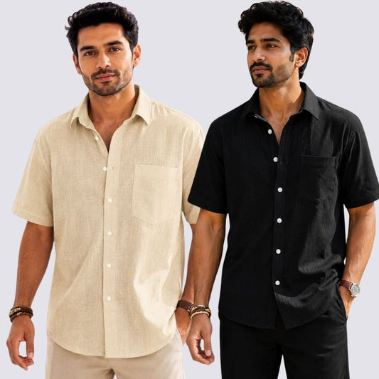 Combo of 2  Linen Half Sleeve Shirt Black and Beige-51946