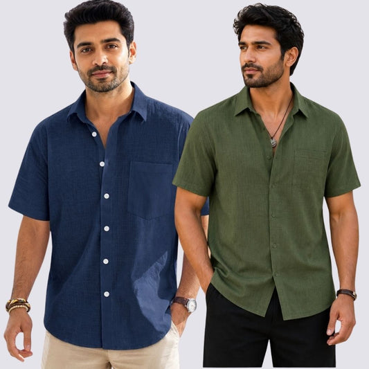 Combo of 2  Linen Half Sleeve Shirt Olive Green and Navy Blue-51947
