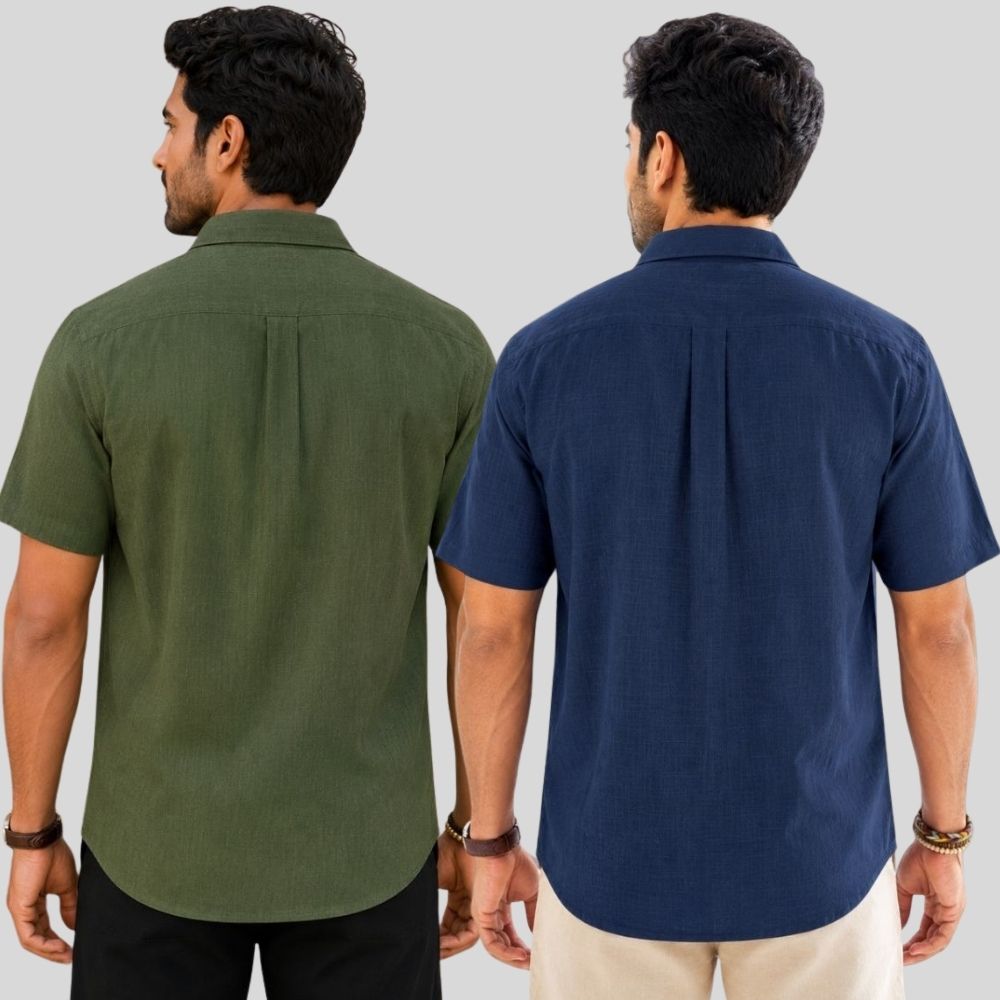 Combo of 2  Linen Half Sleeve Shirt Olive Green and Navy Blue-51947