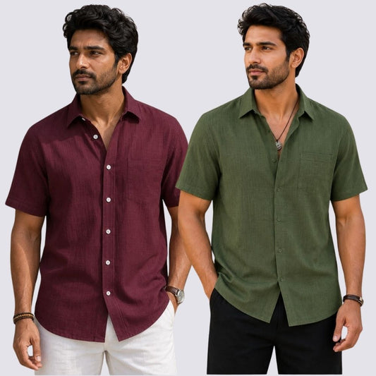 Combo of 2  Linen Half Sleeve Shirt Olive Green and Maroon-51948