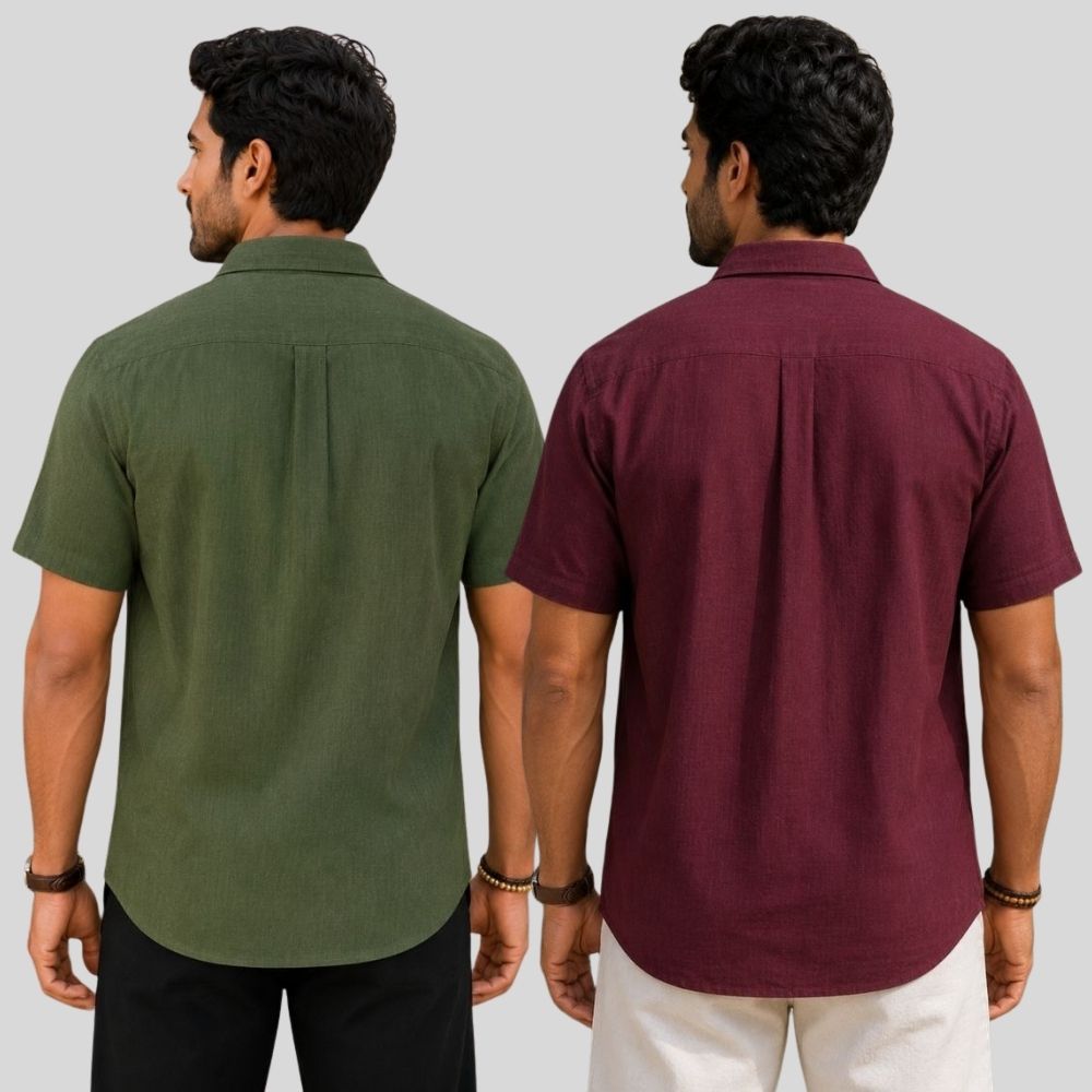 Combo of 2  Linen Half Sleeve Shirt Olive Green and Maroon-51948