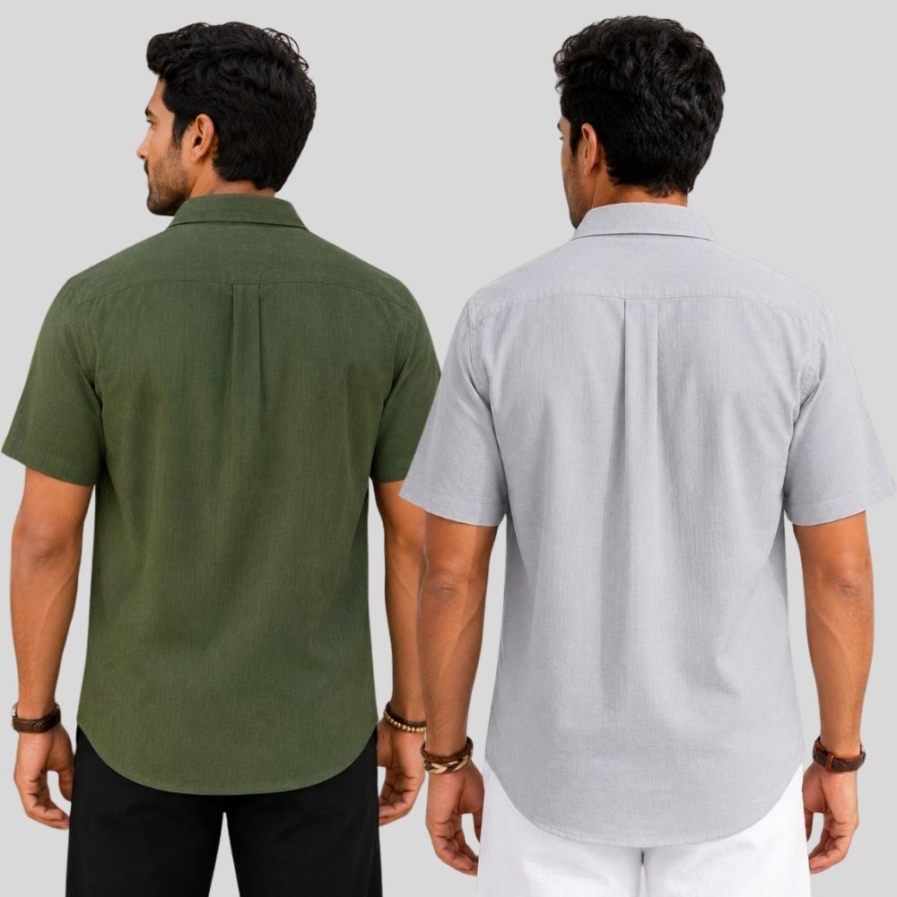 Combo of 2  Linen Half Sleeve Shirt Olive Green and Light Gray-51949