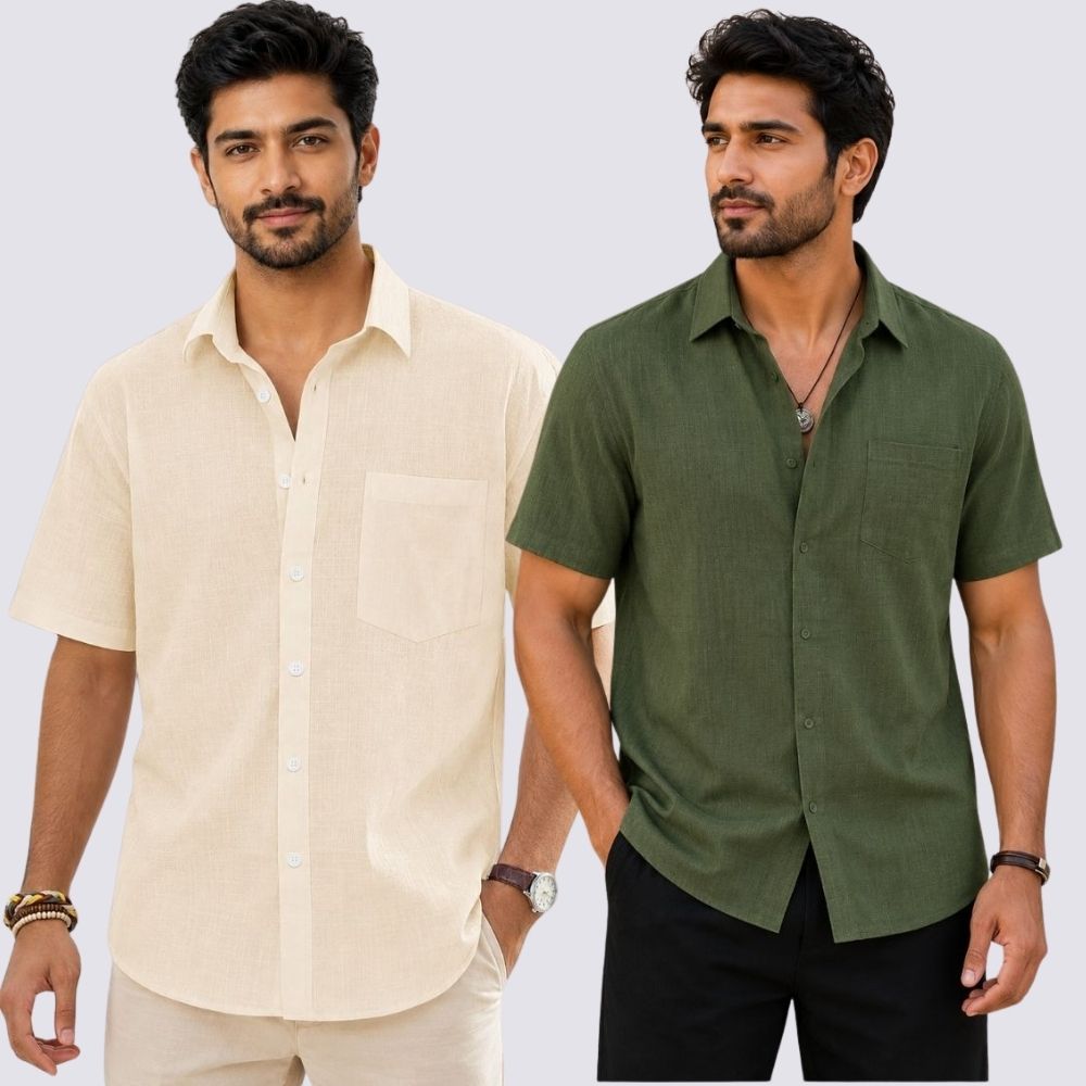 Combo of 2  Linen Half Sleeve Shirt Olive Green and Light Beige-51951