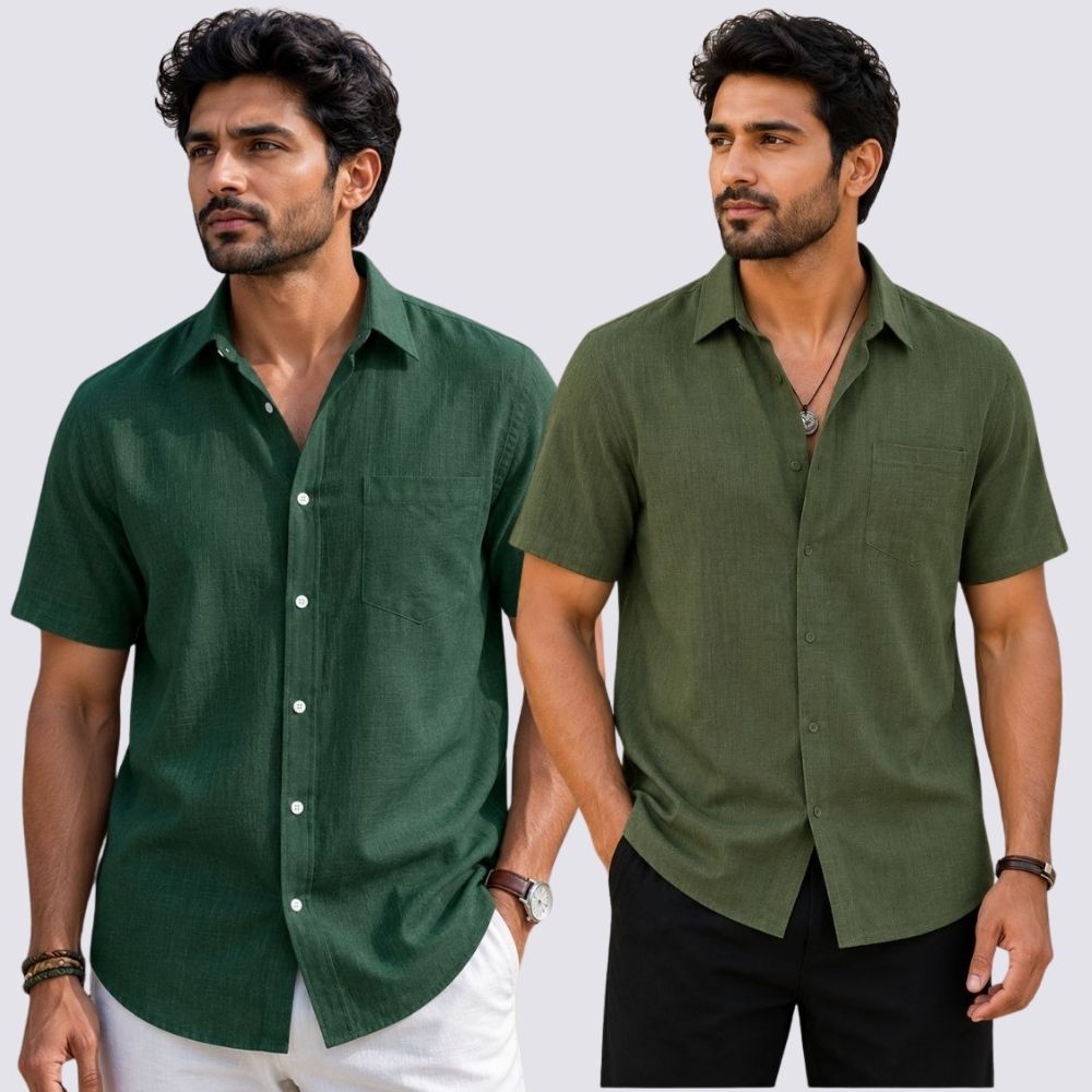 Combo of 2  Linen Half Sleeve Shirt Olive Green and Bottle Green-51952