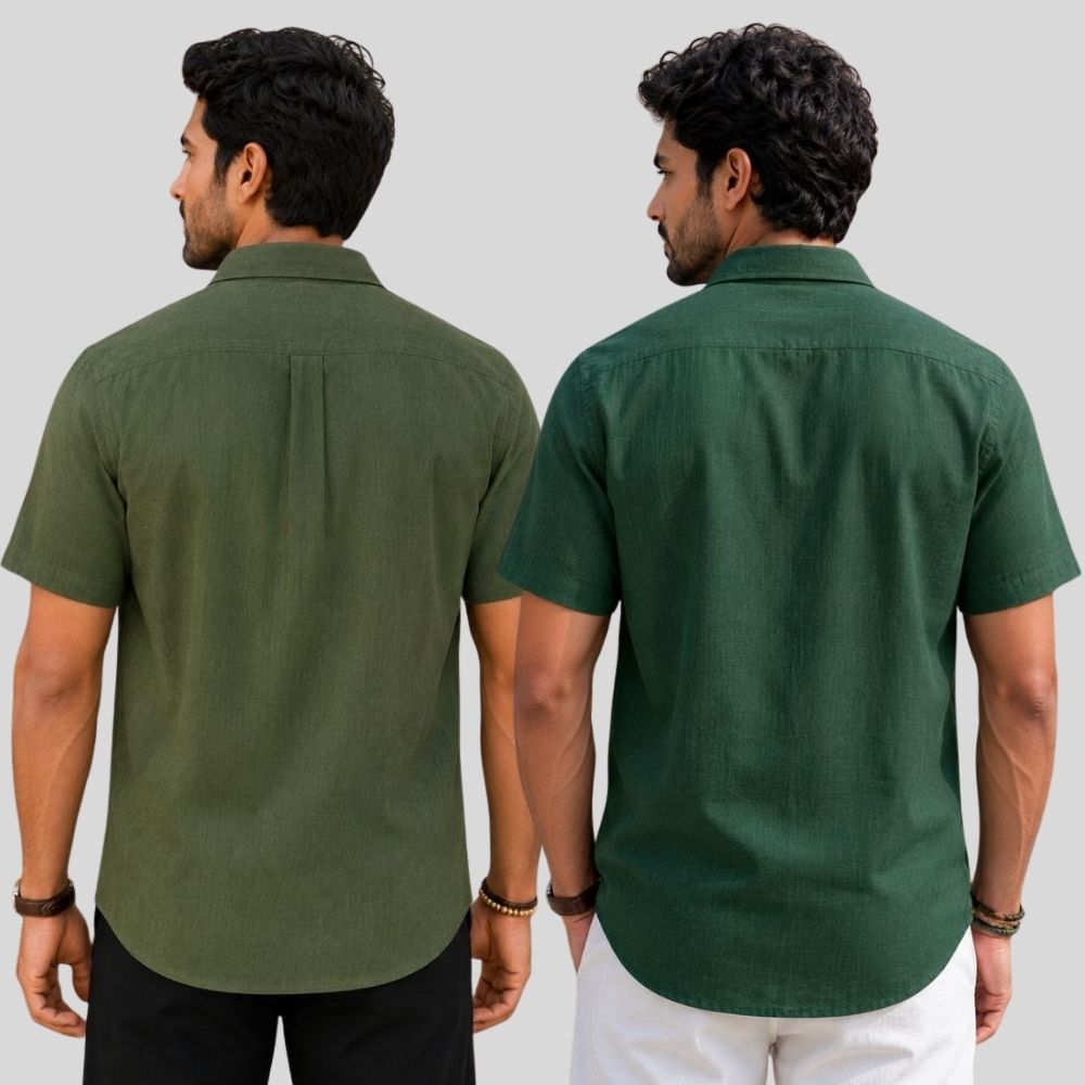 Combo of 2  Linen Half Sleeve Shirt Olive Green and Bottle Green-51952