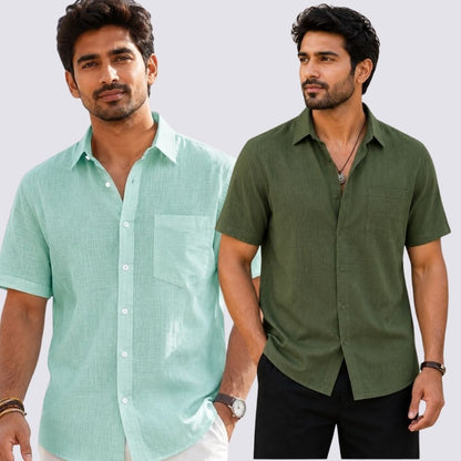 Combo of 2  Linen Half Sleeve Shirt Olive Green and Parrot Green-51953
