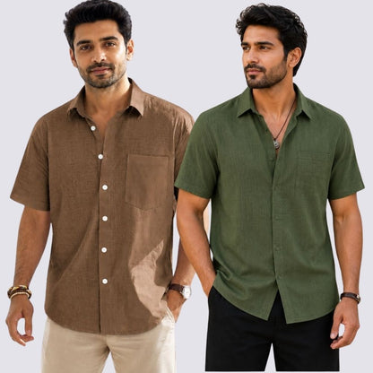 Combo of 2  Linen Half Sleeve Shirt Olive Green and Brown-51954