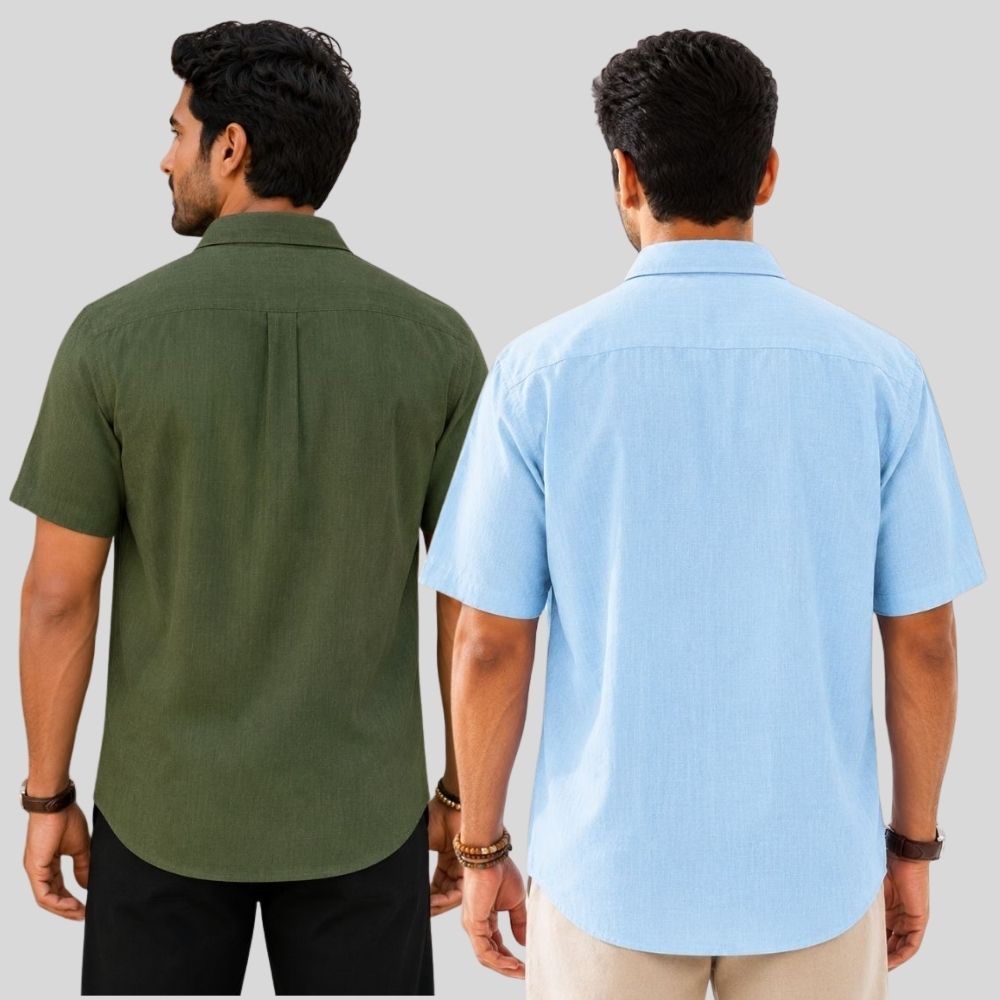 Combo of 2  Linen Half Sleeve Shirt Olive Green and Light Blue-51956
