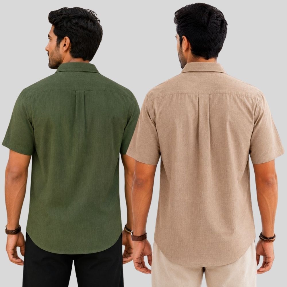 Combo of 2  Linen Half Sleeve Shirt Olive Green and Dark Beige-51957